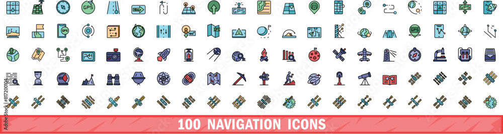 Poster 100 navigation icons set. color line set of navigation vector icons thin line color flat on white