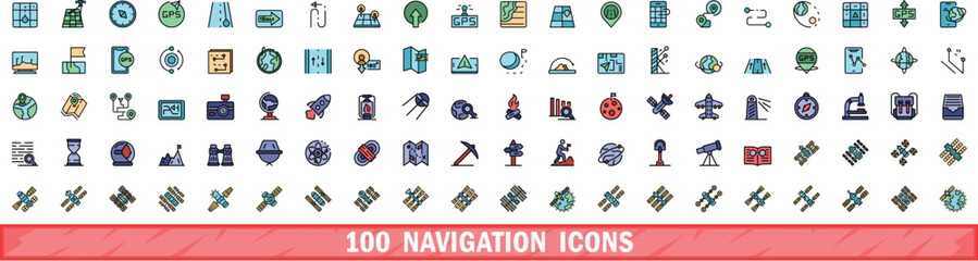 100 navigation icons set. Color line set of navigation vector icons thin line color flat on white