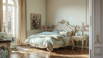 French provincial style bedroom with an ornate double bed, pastel tones, and a polished wooden floor.