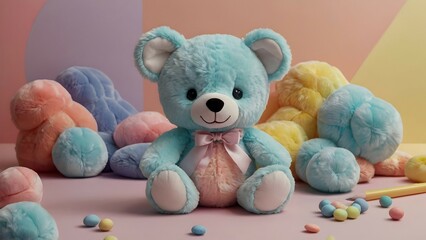 A plush children's toy is placed in the center, behind the background, with pastel shades.