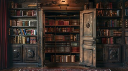 A bookshelf swinging open to reveal a hidden wall safe behind it.