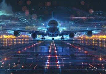 An airplane ascends with an airport backdrop, symbolizing air transport evolution, navigation, futuristic technology, AI integration, night flights, and cargo logistics.