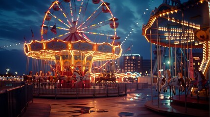 Ferris wheel open seat, ferris wheel carousel horse ride, a carnival full of lights, ferry lights, bright twilight sky, concrete floor, slight warm light, beautiful lighting. Generative AI.