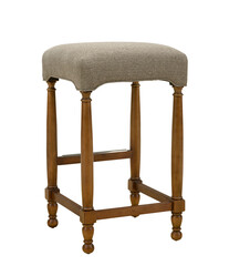 close up of a soft grey fabric stool with wooden legs isolated on white background. clipping path included. series of furniture. advertisement design. modern stool for bar, restaurant, kitchen etc.