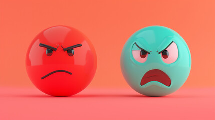 A photorealistic 3D  of a pastel red relieved emoji next to a malachite irritated emoji, both on a solid coral background, showcasing relief versus irritation.
