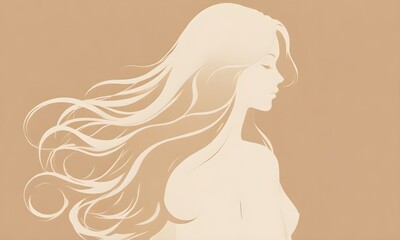 A white silhouette of a woman with long flowing hair against a beige background