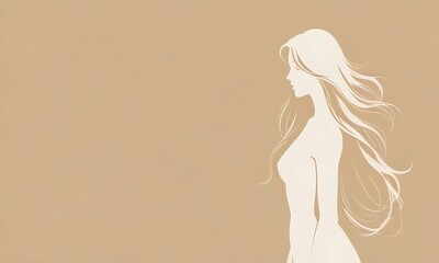 A white silhouette of a woman with long flowing hair against a beige background
