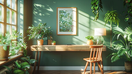 Fototapeta premium Interior of modern living room with wooden table, chair and plants