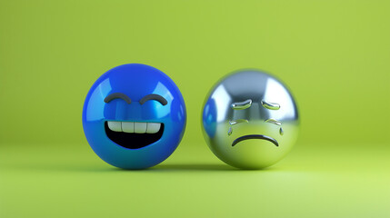A photorealistic 3D  of a cobalt laughing emoji next to a silver alloy sad emoji, both on a solid lime background, highlighting contrast in emotions.