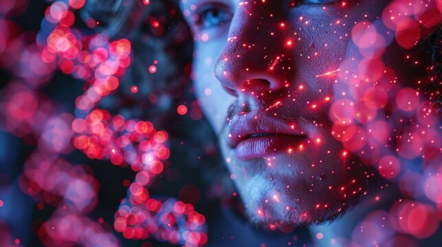 Portrait of a handsome man among the chains of DNA structures