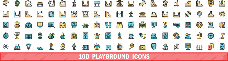 100 playground icons set. Color line set of playground vector icons thin line color flat on white