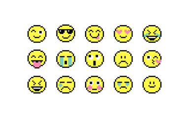 Various smile character shape pixel icons vector illustration. White background. Emoticon. Cute faces pack.  Pixel art style icons set.