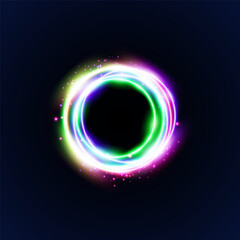 Light circle neon halo on brick wall, Bright glowing pink ring light glow effect. Vector illustration banner template.