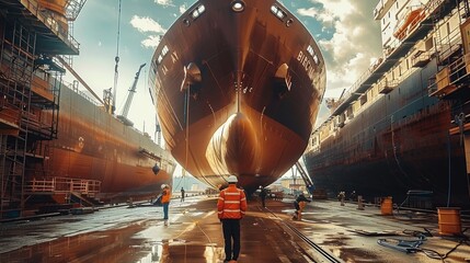 A workers building a big ship outdoors on the sunny day. Generative AI.