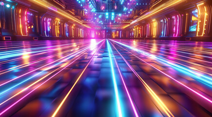 A dynamic dance floor illuminated by vibrant lights, capturing the essence of movement and energy...