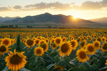 Fototapeta premium Landscape of a sprawling sunflower field at sunset with mountains in the background. AI generated.