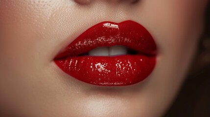 Obraz premium The voluptuous lips of a woman Accessorize with glossy red lipstick. The bright red color stands out. With a plastic shine that adds a unique and enchanting quality to the image.