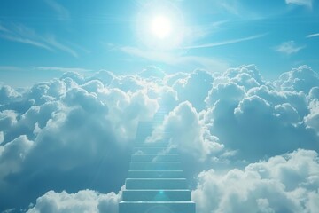 Stairway That Leads To Heaven In A Blue Sky With The Sun Shining Through The Clouds
