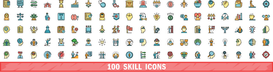 100 skill icons set. Color line set of skill vector icons thin line color flat on white