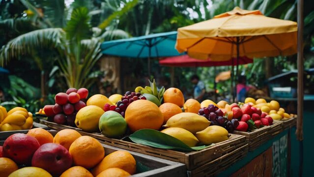 A fruit stand with a variety of fruits including apples, oranges, and grapes