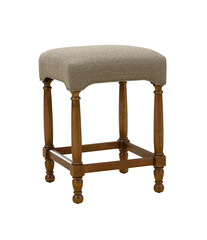 close up of a soft grey fabric stool with wooden legs isolated on white background. clipping path included. series of furniture. advertisement design. modern stool for bar, restaurant, kitchen etc.