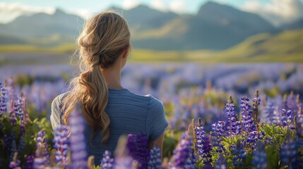 A woman stands in a field of purple flowers, with mountains in the background Generate AI