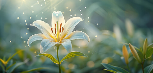 A single white lily, elegantly trembling in an enchanted garden, ethereal glow illuminating the petals. Generative AI.