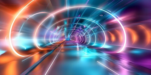 Obraz premium Futuristic corridor with abstract background and purple-blue neon lights. Concept Futuristic Corridor, Abstract Background, Purple-blue Neon Lights