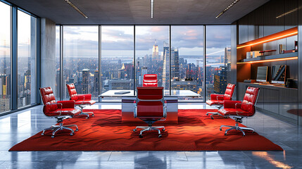 Fototapeta premium Modern office interior with red armchairs and city view. 3D Rendering
