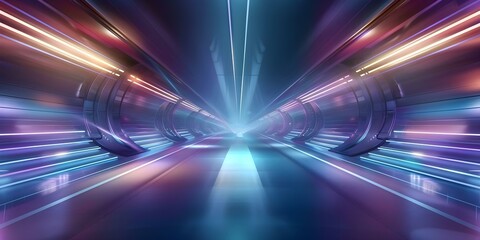 Obraz premium Abstract background of a futuristic corridor with purple and blue neon lights. Concept Futuristic Corridor, Abstract Background, Neon Lights, Purple Theme
