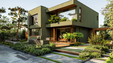 Fototapeta na wymiar Modern house with an olive green exterior, accentuated with wooden elements and a beautifully landscaped garden. Summer day full front view.