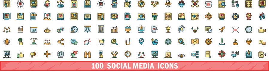 100 social media icons set. Color line set of social media vector icons thin line color flat on white
