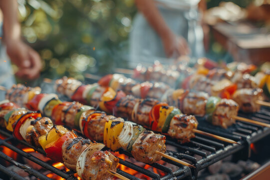 Diverse group of friends at a backyard barbecue, cooking skewers on a grill, with natural blurred background. AI generated.