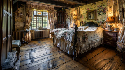 Old English cottage bedroom with a double bed, floral drapes, and a heritage wooden floor.