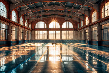 Sunlit art deco hall with a shiny floor and large arched windows, showcasing architectural beauty, tranquility, and historical design in a grand indoor space