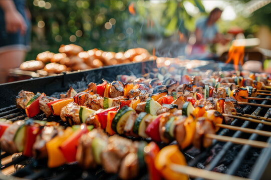 Diverse group of friends at a backyard barbecue, cooking skewers on a grill, with natural blurred background. AI generated.