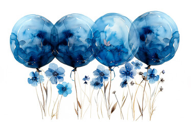 Collection of blue balloons, blue flowers.