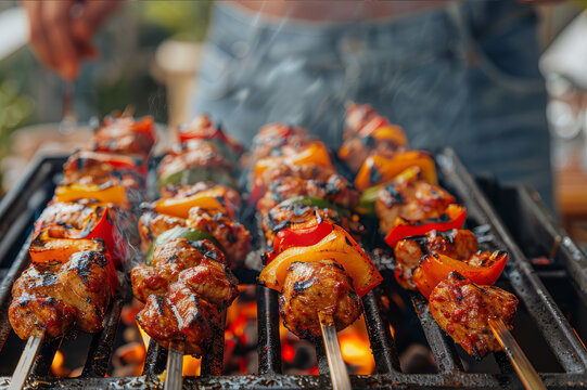 Diverse group of friends at a backyard barbecue, cooking skewers on a grill, with natural blurred background. AI generated.