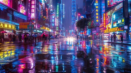 In the heart of a bustling metropolis, neon signs cast a kaleidoscope of colors onto rain-slicked...