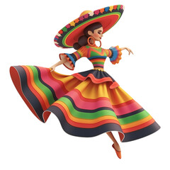 3D Flat Illustration of Dancer in Traditional Mexican Dress for Festa Junina, National Hispanic Heritage Month, and Cinco de Mayo Celebrations