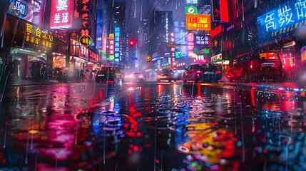In the heart of a bustling metropolis, neon signs cast a kaleidoscope of colors onto rain-slicked streets, a testament to the city's vibrant energy.