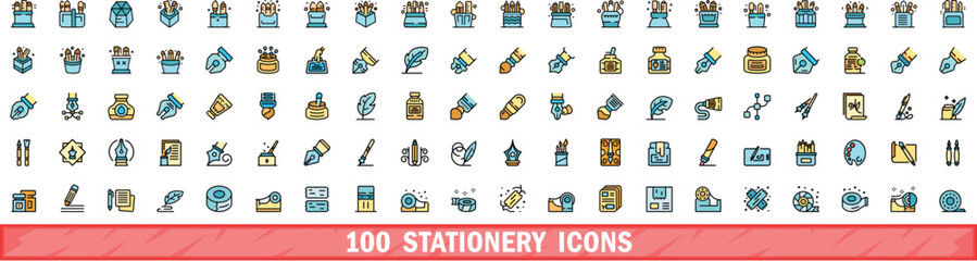 Fototapeta premium 100 stationery icons set. Color line set of stationery vector icons thin line color flat on white