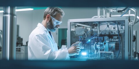 scientist fix machine with shafts widescreen picture, caucasian scientist in blue lab suit trying to fix manufacture machine with shafts in clean factory