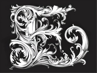 E letter, baroque sculptures scroll, black background
