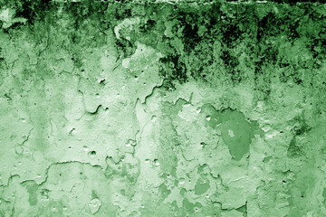 Grungy dirty plaster wall with peeling paint. Green color style.