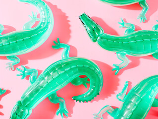 Green Inflatable Alligators on Pink Background: Playful Summer Concept