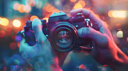 Digital camera in hands on a festive background
