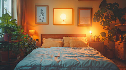 Interior of a hotel bedroom with lighted up lamp and plants