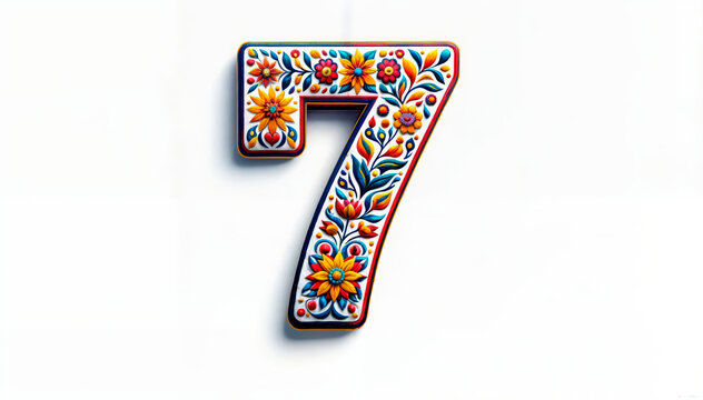 Number “7” adorned with intricate floral patterns on a white background. Ideal for seventh birthdays, anniversaries, or events on the 7th. Suitable for invitations, cards, and social media.
