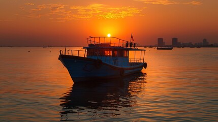 Obraz premium Serene Sunset Ocean Scene Dominated by White Fishing Boat